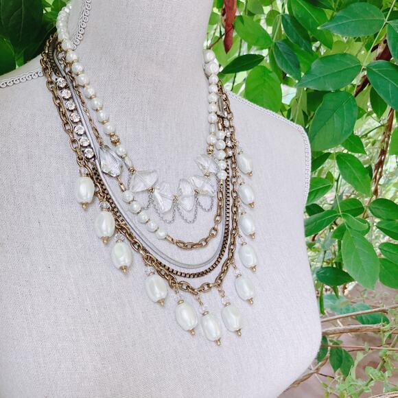 VTG Silpada KR KRN0010 Pearl Brass Crystal Convertible Statement Bib Necklace - Picture 12 of 14